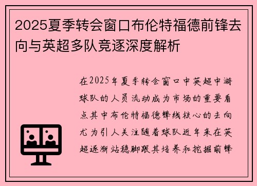 2025夏季转会窗口布伦特福德前锋去向与英超多队竞逐深度解析 2025夏季转会窗口布伦特福德前锋去向与英超多队竞逐深度解析
