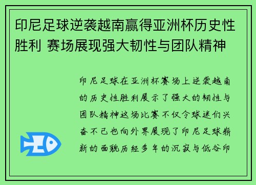 印尼足球逆袭越南赢得亚洲杯历史性胜利 赛场展现强大韧性与团队精神