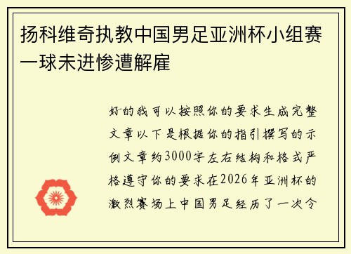 扬科维奇执教中国男足亚洲杯小组赛一球未进惨遭解雇