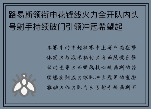 路易斯领衔申花锋线火力全开队内头号射手持续破门引领冲冠希望起